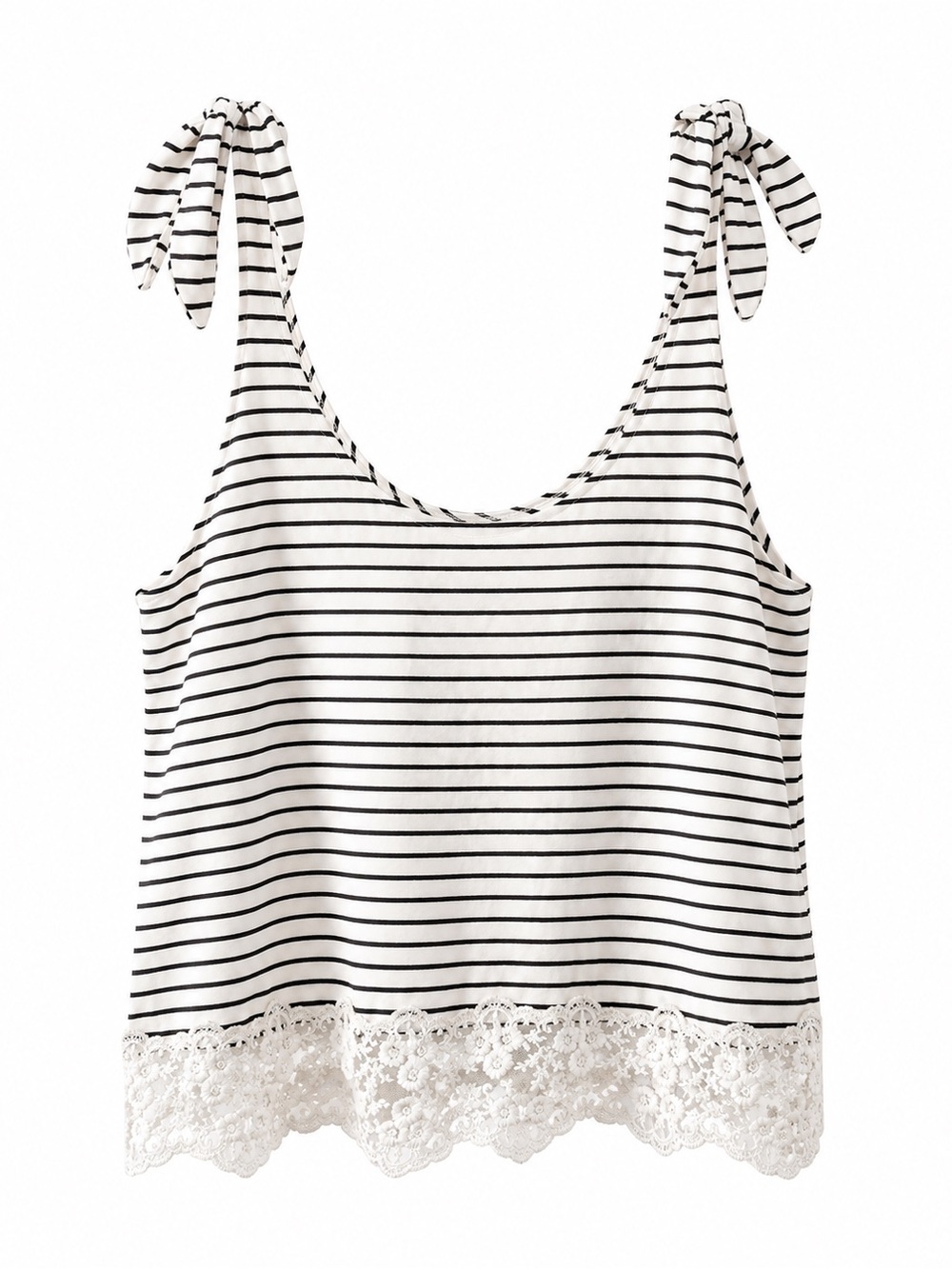 POL Striped Tie-Shoulder Lace-Hem Tank Top - White/Black Size S